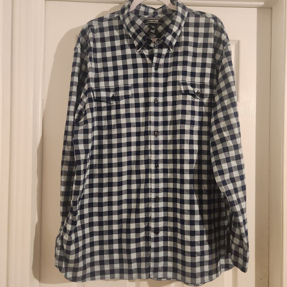 Land's End Mens Shirt Long Sleeve Button Up Blue Plaid Medium Weight XXL
